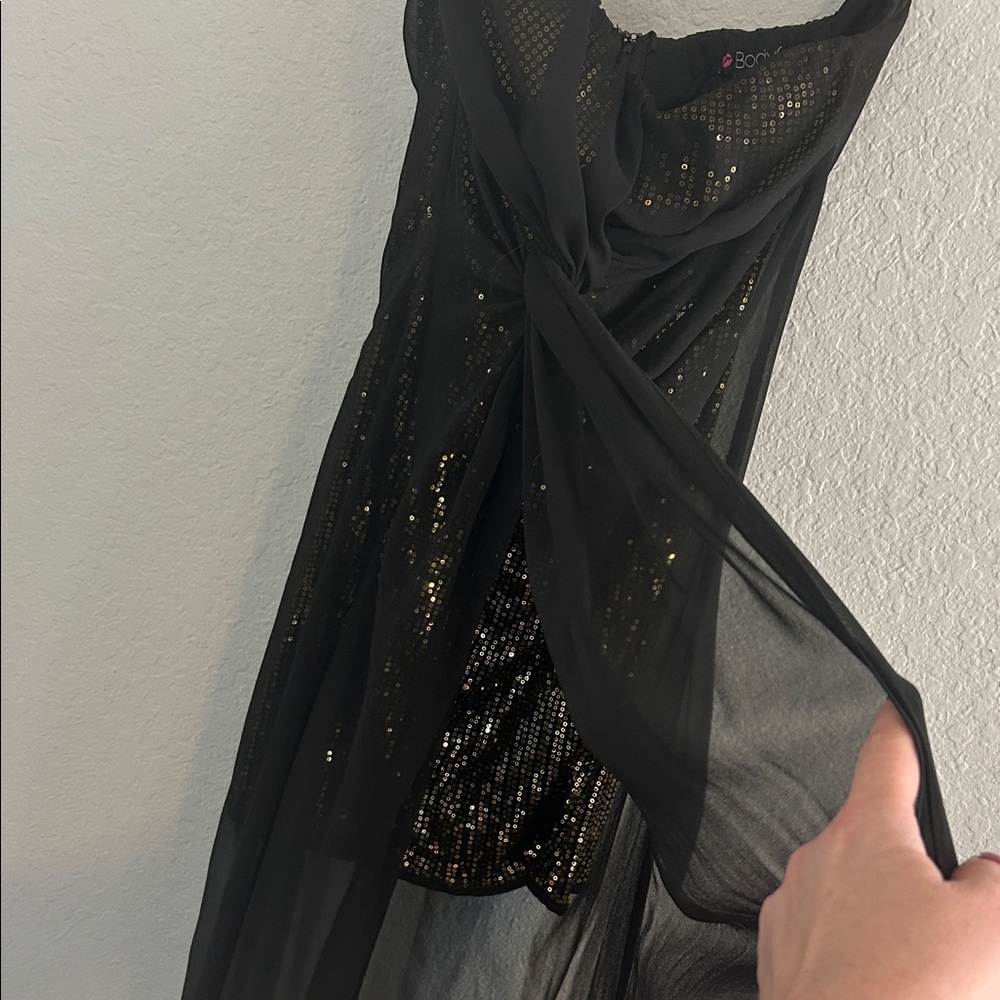 Sexy black and gold mini dress with black sheer overlay